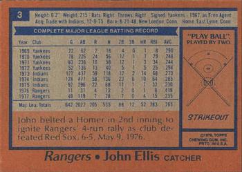 1978 Topps Burger King Texas Rangers #3 John Ellis Back