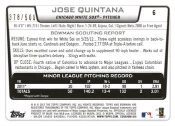 2012 Bowman Draft Picks & Prospects - Blue #6 Jose Quintana Back