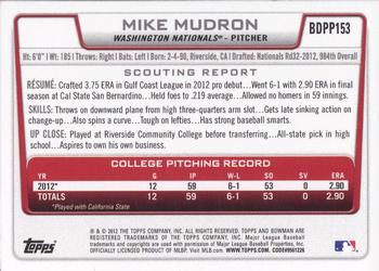 2012 Bowman Draft Picks & Prospects - Draft Picks #BDPP153 Mike Mudron Back