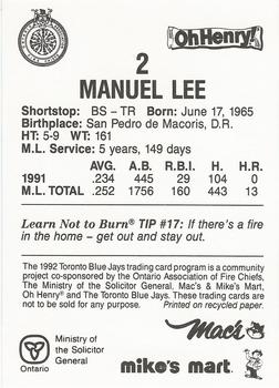 1992 Toronto Blue Jays Fire Safety #NNO Manuel Lee Back