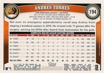 2011 Topps - Diamond Anniversary Limited Edition #194 Andres Torres Back