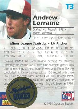 1994 Signature Rookies Draft Picks - Top Prospects Signatures #T3 Andrew Lorraine Back