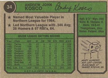 1974 Topps #34 Andy Kosco Back