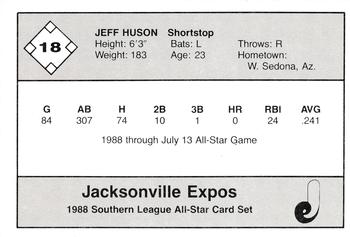 1988 Jennings Southern League All-Stars #18 Jeff Huson Back