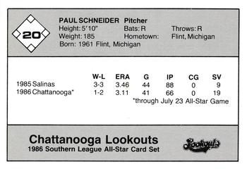 1986 Jennings Southern League All-Stars #20 Paul Schneider Back