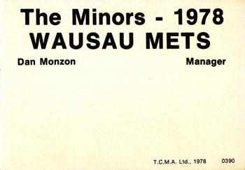 1978 TCMA Wausau Mets #0390 Dan Monzon Back