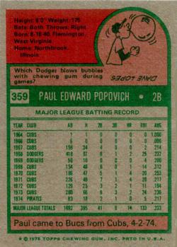 1975 Topps #359 Paul Popovich Back