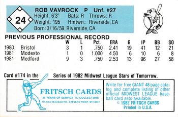 1982 Fritsch Madison Muskies #24 Rob Vavrock Back