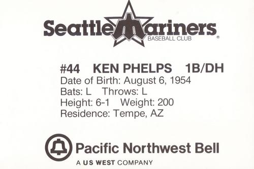 1986 Pacific Northwest Bell Seattle Mariners #NNO Ken Phelps Back