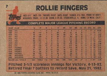 1983 Topps Gardner's Bakery Milwaukee Brewers #7 Rollie Fingers Back