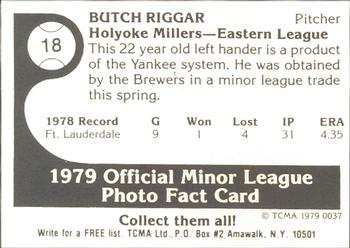 1979 TCMA Holyoke Millers #18 Butch Riggar Back