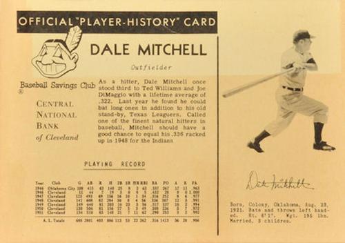 1952 Central National Bank Cleveland Indians #NNO Dale Mitchell Front