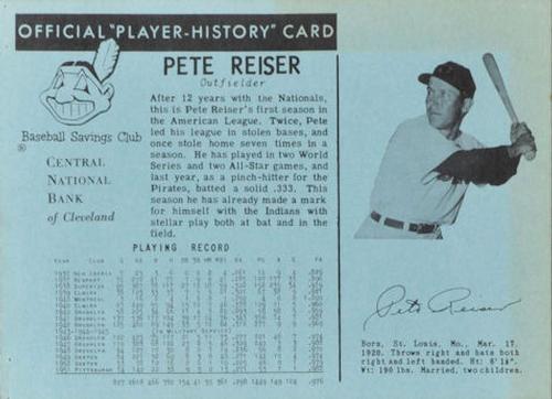 1952 Central National Bank Cleveland Indians #NNO Pete Reiser Front