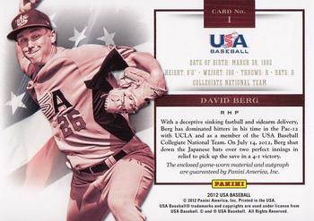 2012 Panini USA Baseball - Collegiate National Team Jersey Signatures #1 David Berg Back
