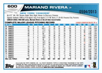 2013 Topps - Gold #600 Mariano Rivera Back