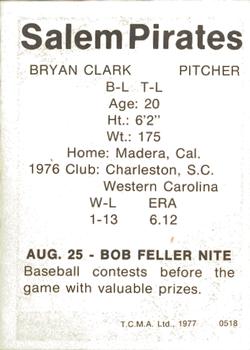 1977 TCMA Salem Pirates #0518 Bryan Clark Back