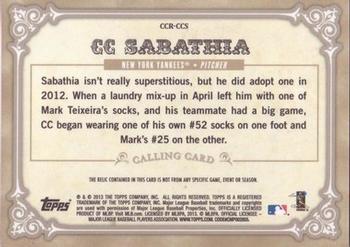2013 Topps - Calling Cards Relics #CCR-CCS CC Sabathia Back