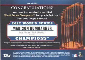 2013 Topps - World Champion Autograph Relics #WCAR-MB Madison Bumgarner Back