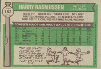 1976 Topps #182 Harry Rasmussen Back