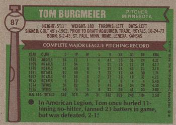 1976 Topps #87 Tom Burgmeier Back