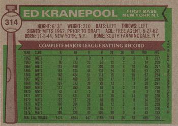 1976 Topps #314 Ed Kranepool Back
