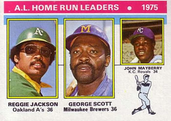 1976 Topps #194 1975 AL Home Run Leaders (Reggie Jackson / George Scott / John Mayberry) Front