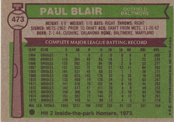 1976 Topps #473 Paul Blair Back