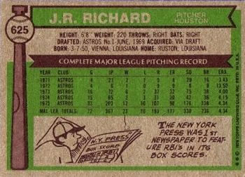 1976 Topps #625 J.R. Richard Back