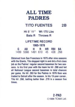 1986 TCMA All-Time San Diego Padres - Color #2-PAD Tito Fuentes Back