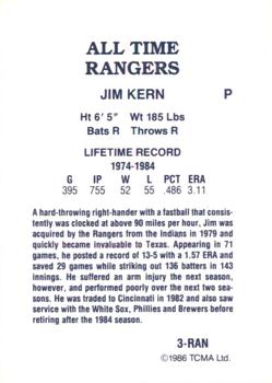 1986 TCMA All-Time Texas Rangers - Color #3-RAN Jim Kern Back