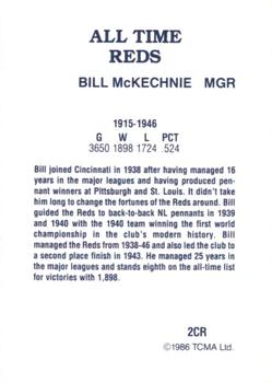 1986 TCMA All-Time Cincinnati Reds #2CR Bill McKechnie Back