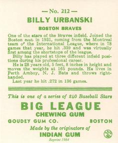 1983 Galasso 1933 Goudey Reprint #212 Billy Urbanski Back