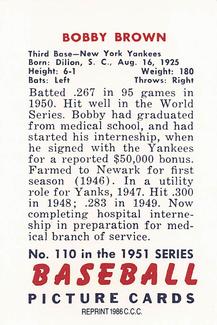 1986 Card Collectors 1951 Bowman (Reprint) #110 Bobby Brown Back