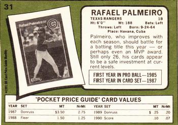 1991 SCD Baseball Card Price Guide Monthly #31 Rafael Palmeiro Back
