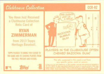 2013 Topps Heritage - Clubhouse Collection Relics #CCR-RZ Ryan Zimmerman Back