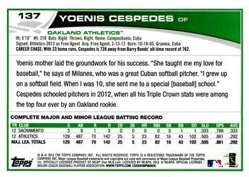 2013 Topps Opening Day #137 Yoenis Cespedes Back