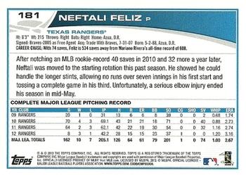 2013 Topps Opening Day #181 Neftali Feliz Back