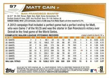 2013 Topps Opening Day #97 Matt Cain Back