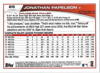 2013 Topps Opening Day - Blue #25 Jonathan Papelbon Back