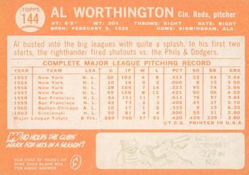 2013 Topps Heritage - 50th Anniversary Buybacks #144 Al Worthington Back