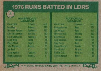 1977 Topps #3 1976 RBI Leaders (Lee May / George Foster) Back