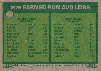 1977 Topps #7 1976 ERA Leaders (Mark Fidrych / John Denny) Back