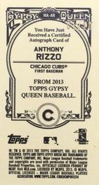 2013 Topps Gypsy Queen - Mini Autographs #MA-AR Anthony Rizzo Back