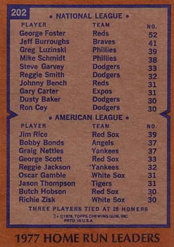1978 Topps #202 1977 Home Run Leaders (George Foster / Jim Rice) Back