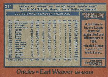 1978 Topps #211 Earl Weaver Back