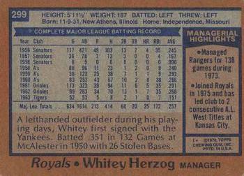 1978 Topps #299 Whitey Herzog Back