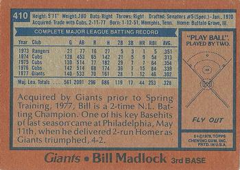 1978 Topps #410 Bill Madlock Back