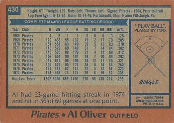 1978 Topps #430 Al Oliver Back