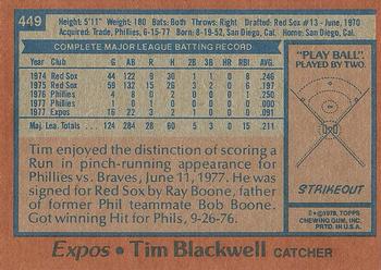 1978 Topps #449 Tim Blackwell Back