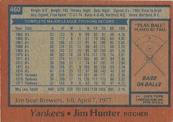 1978 Topps #460 Jim Hunter Back